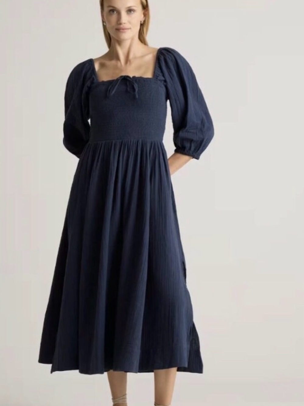 Quince Navy Puff-Sleeve Smocked Midi Dress